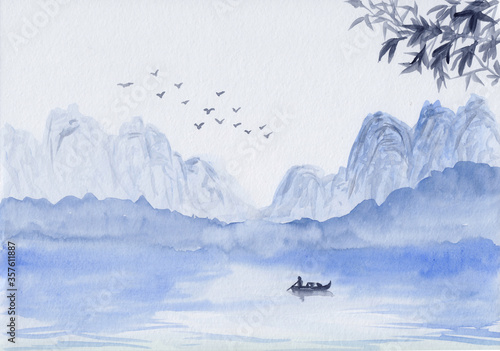 Watercolor Illustration with sea, mountains & fisherman boat. Asian peaceful tranquil landscape with bamboo leaves. Oriental style painting with flying birds. Concept for restore meditation background © Sergey Pekar