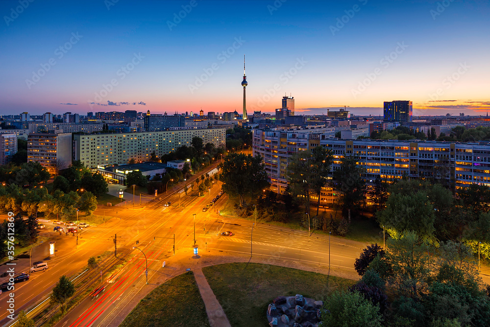 Berlin night cityscape aerial view with television tower