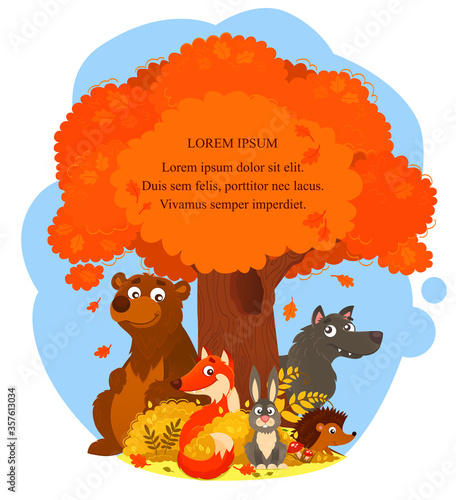 Illustration of big old oak tree with place for your text. Fox, here, wolf, bear, hedgehog in its own habitat. Children illustration of animals in autumn season. 