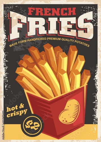 French fries antique poster with hot crispy potatoes on old paper texture. Fast food promotional  retro advertisement. 