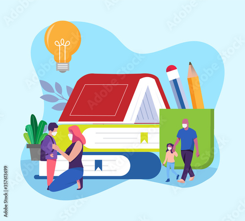 back to school, flat design, vector illustration of parents are taking their children to school and stay safe using face mask.