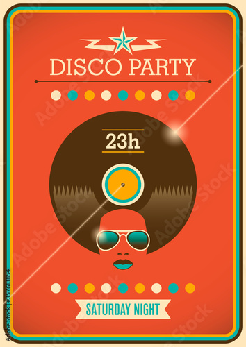 Disco party poster with retro design elements. Vector illustration.