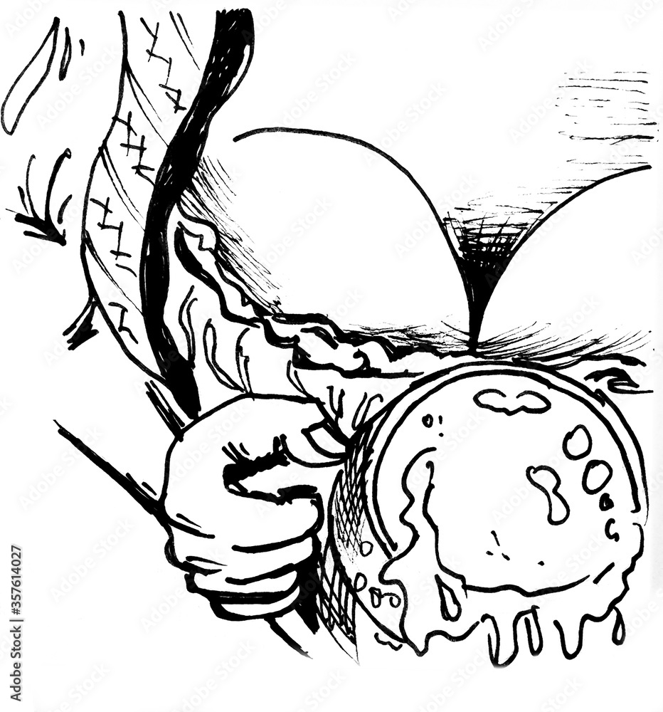 Fototapeta premium The waitress’s chest and a large mug of beer with foam. Black and white illustration
