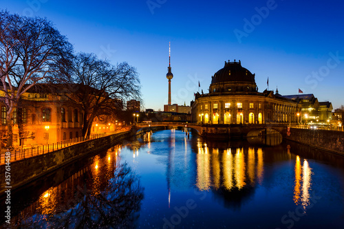 Berlin sunrise cityscape view with tv tower and spree river
