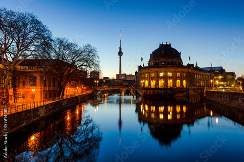 Berlin sunrise cityscape view with tv tower and spree river