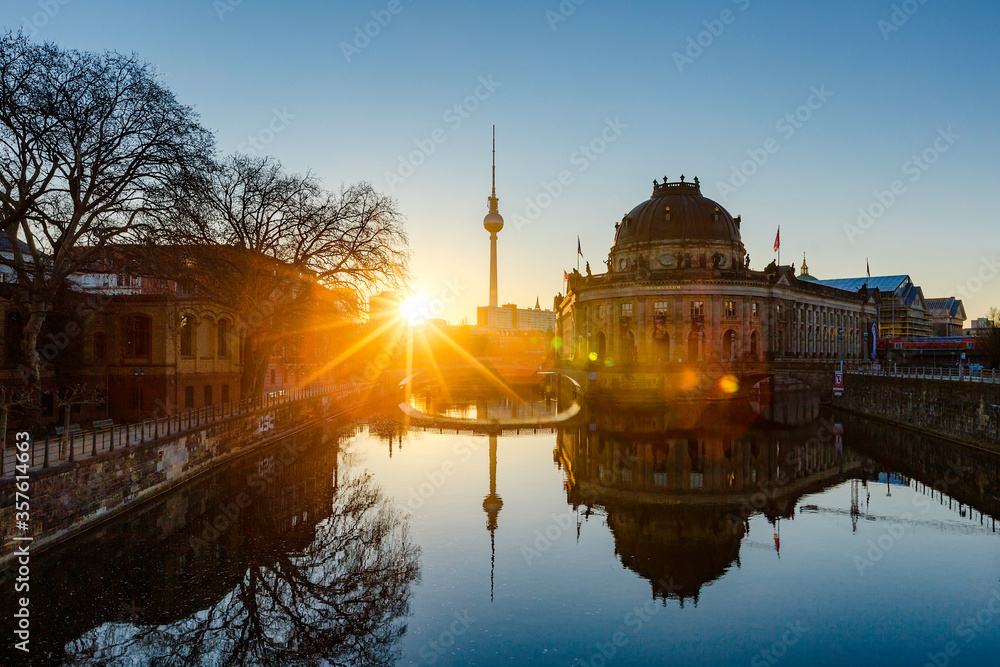 Berlin sunrise cityscape view with tv tower and spree river