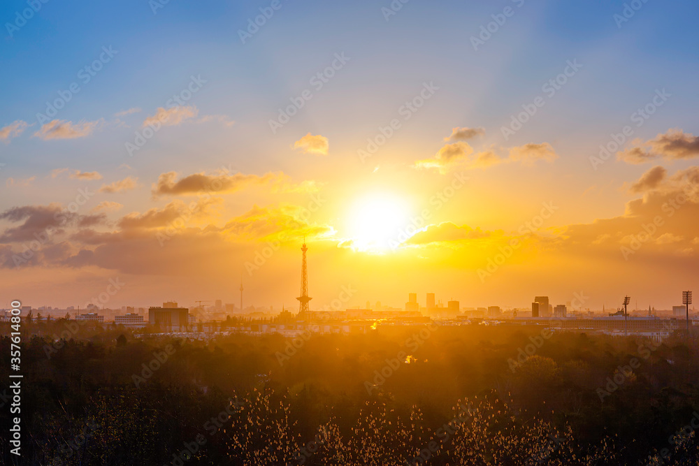Berlin sunrise cityscape view with television tower and radio tower