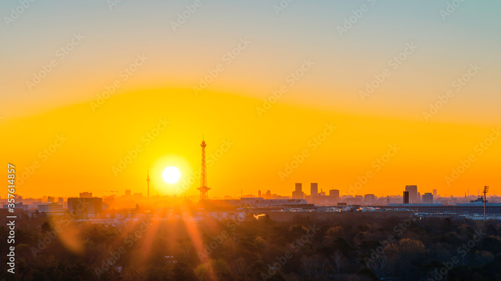 Berlin sunrise cityscape view with television tower and radio tower