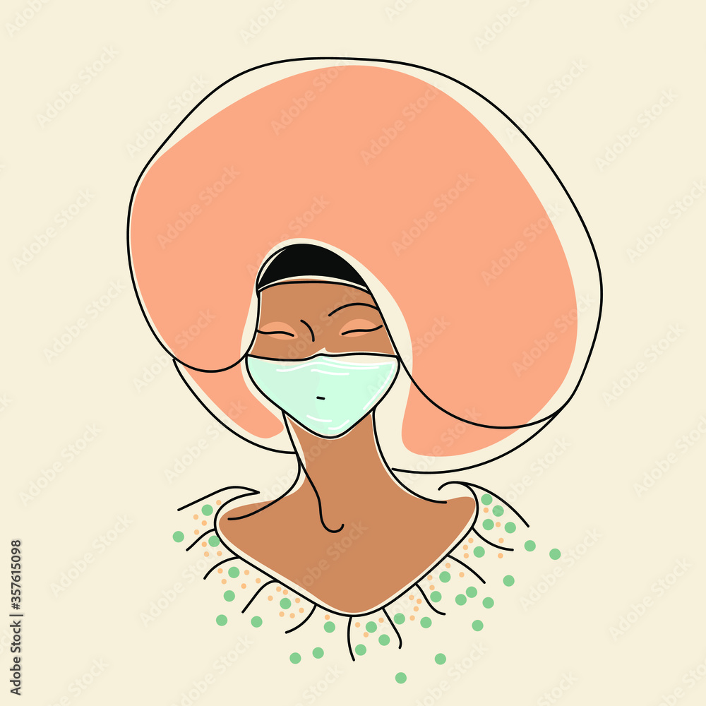 Beautiful Afro-American woman wearing a mask.Protection against virus, pollution, allergy. Coronavirus, Covid-19 awareness.Colorful vector illustration with cute girl with big hair. Beautiful Afro-American woman wearing a mask.Protection against virus, pollution, allergy. Coronavirus, Covid-19 awareness.Colorful vector illustration with cute girl with big hair.