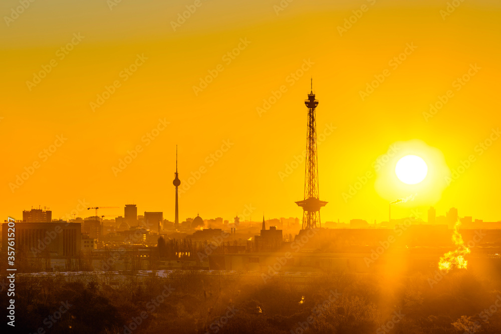Berlin sunrise cityscape view with television tower and radio tower