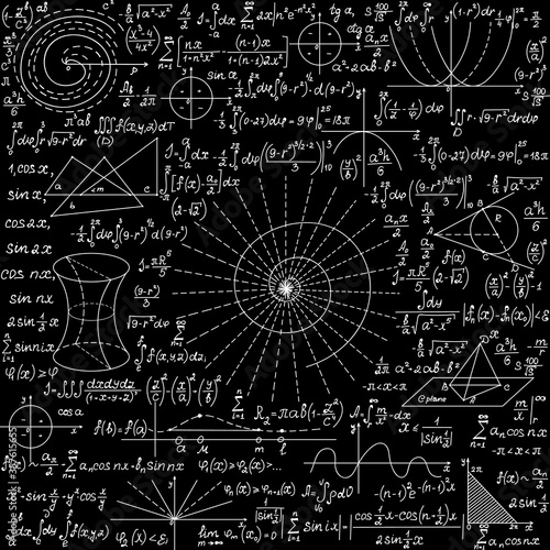 Math educational vector seamless background with handwritten formulas, figures, calculations, "chalk on blackboard" effect