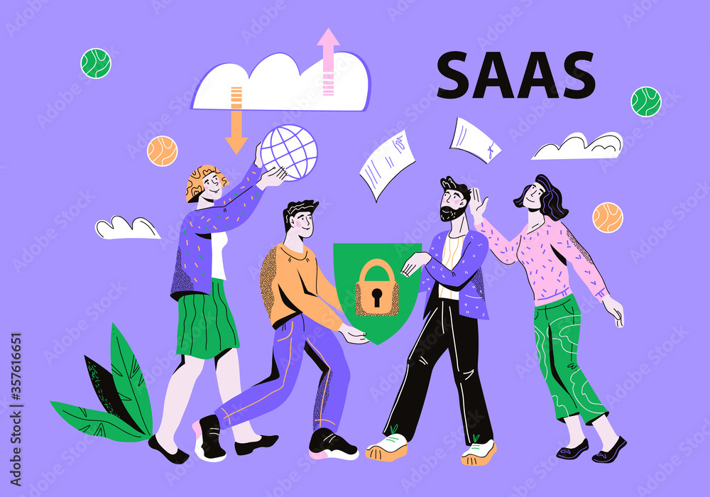 Obraz premium Saas Software as service or on-demand concept with people characters. Cloud computing technology. Website banner layout template for webpage vector illustration.