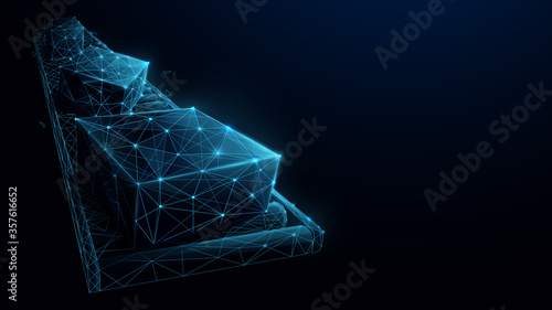 Packing the Courier in the Belt Production Line. Low poly wireframe. Vector Illustration