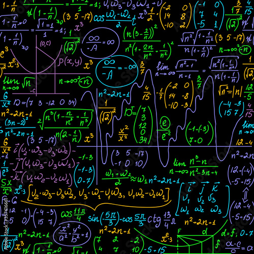 Math vector seamless pattern with handwritten multicolored formulas, calculations, equations