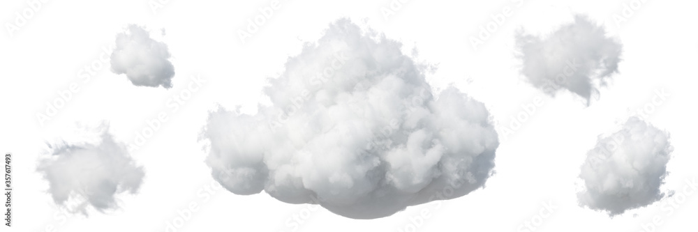 3d render. Abstract fluffy white clouds isolated on white background. Weather forecast symbol. Cumulus clip art set collection. Sky design elements set - obrazy, fototapety, plakaty 