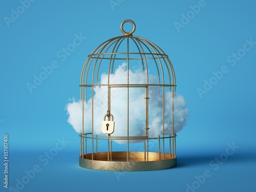 Fotografía 3d render, Abstract white cloud caged inside golden cage, isolated on blue background