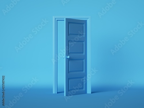3d render  open door isolated on blue background. Architectural design element. Modern minimal concept. Opportunity metaphor.