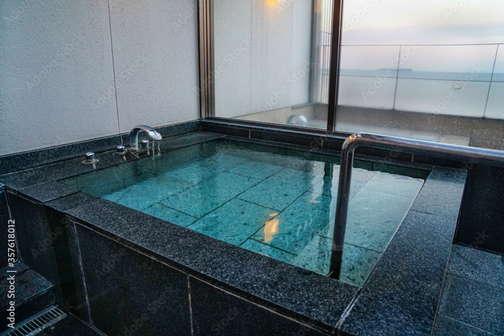 Indoor Japanese hot springs bath (onsen).