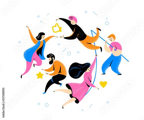 Positive feedback concept with tiny people and review star, thumb up, like icons isoltaed on white background. Vector flat illustration.