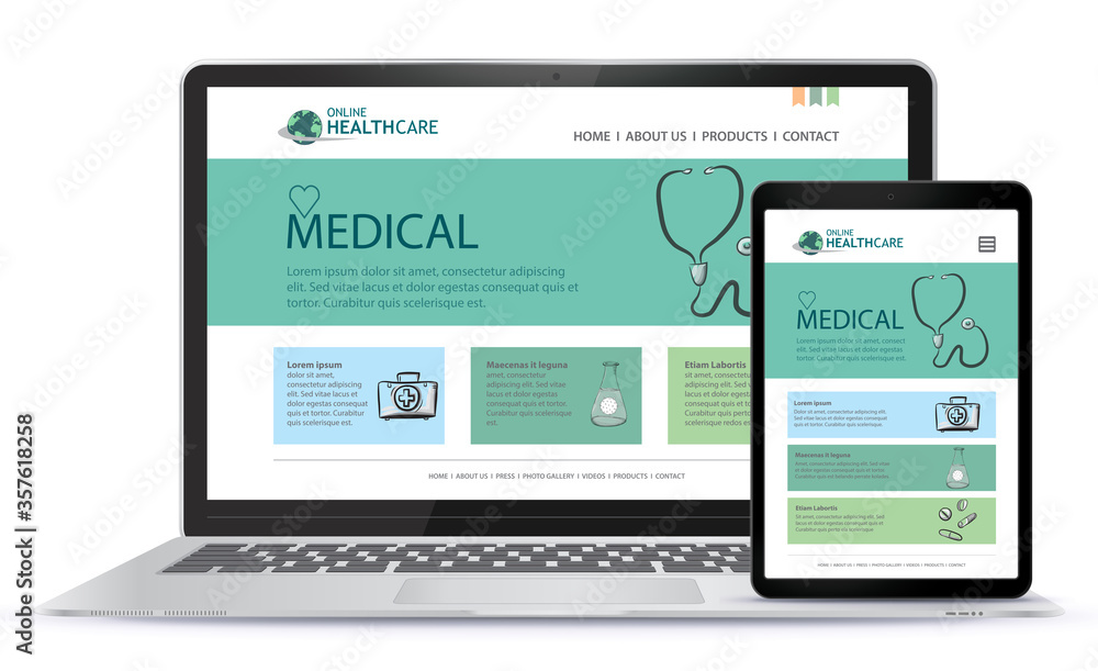 Healthcare and Medical User Interface Design for Web Site and Mobile App. Laptop and Tablet Computer Vector Illustration.