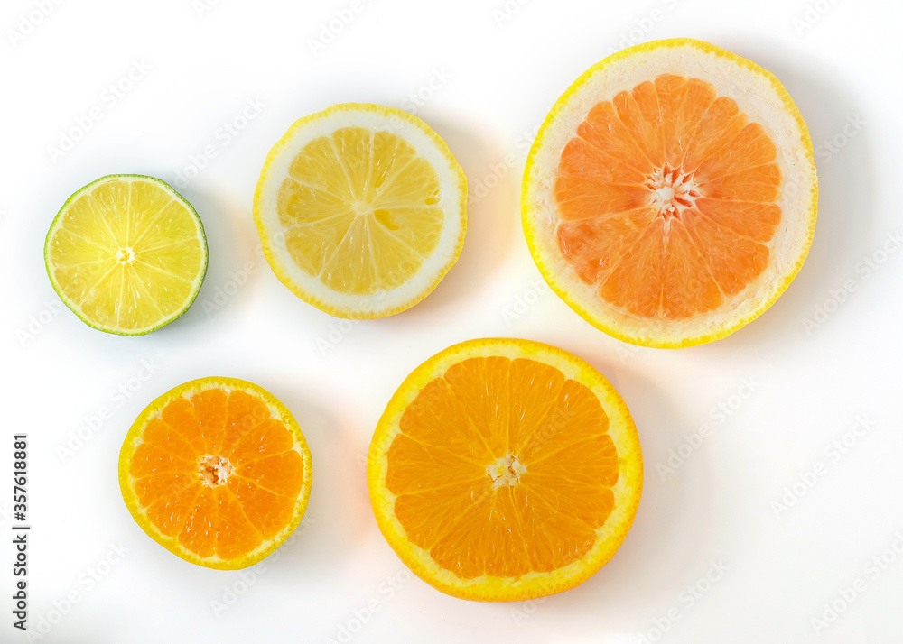 Collection of fresh lime, lemon, orange, citrus, grapefruit slice on white background.