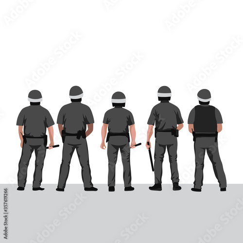 Police line vector illustration. Row of policemen stands with their backs turned