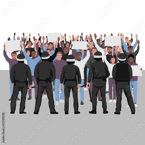 Protesting people with hands up and the police. Public protest illustration