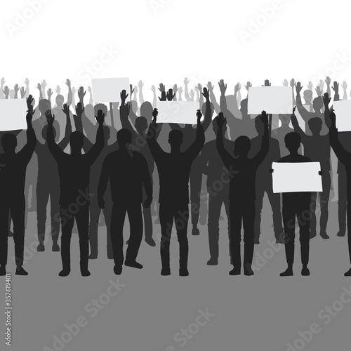 Silhouettes of protesting people with hands up seamless border.