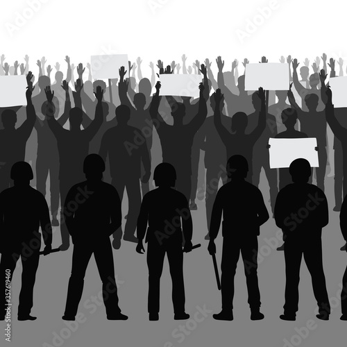 Silhouettes of protesting people with hands and the police up seamless border.
