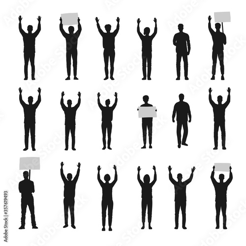 Silhouette of protesting people with hands up vector set