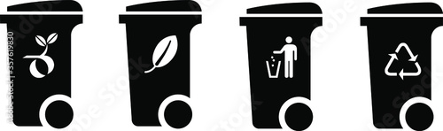 Trash/rubbish wheelie bin icons with labels: green waste, compost, general waste, recyclable waste. photo