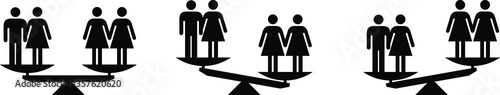 People icons - social equality concept - scales showing equal and unequal social status between heterosexual and homosexual (female) relationships.