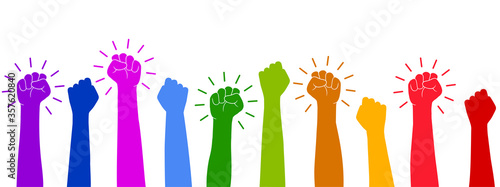 Set hands up proletarian revolution, clenched fist hand. Raised fist - symbol of victory, protest, strength, power and solidarity icon – stock vector