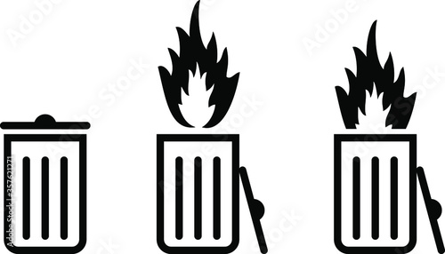 Trash/rubbish can/bin icons with fire. Dumpster fire concept.