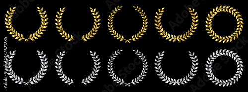 Laurel wreath of victory icon. Set gold and silver laurel foliate, wheat and oak wreaths depicting an award, achievement, heraldry, nobility. Emblem floral greek branch flat style