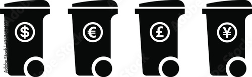 Trash/rubbish wheelie bin icons with currency labels: dollar, euro, pound sterling, yen. Disposable income concept.