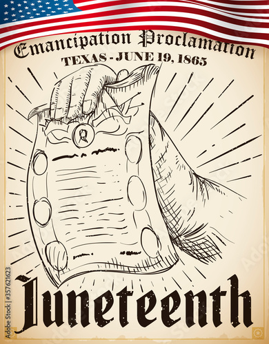 Scroll with Emancipation Proclamation Drawing for Juneteenth Celebration, Vector Illustration