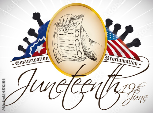 Button, American and Juneteenth Flags and Fist Silhouettes to Celebrate it, Vector Illustration