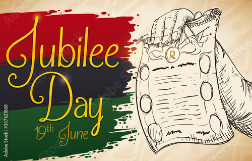 Scroll with Pan-African Splashed Colors and Arm Drawing for Jubilee Day, Vector Illustration