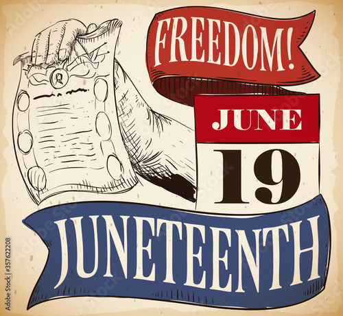 Arm Holding Emancipation, Ribbons and Calendar ready for Juneteenth Celebration, Vector Illustration