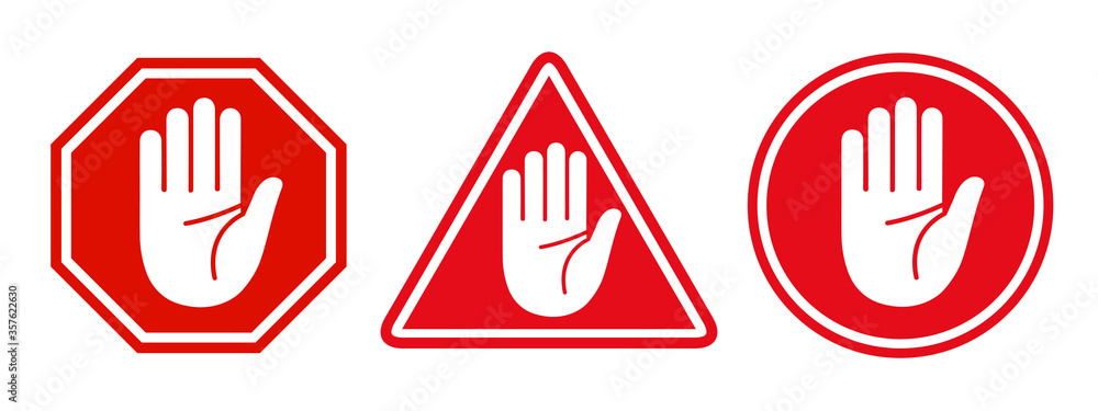 Set stop red sign icon with white hand - stock vector - obrazy, fototapety, plakaty 