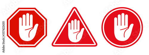 Set stop red sign icon with white hand - stock vector