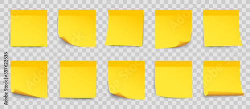 Set yellow sticky papers on transparent background, collection stick note in yellow color isolated, notes with shadow - for stock