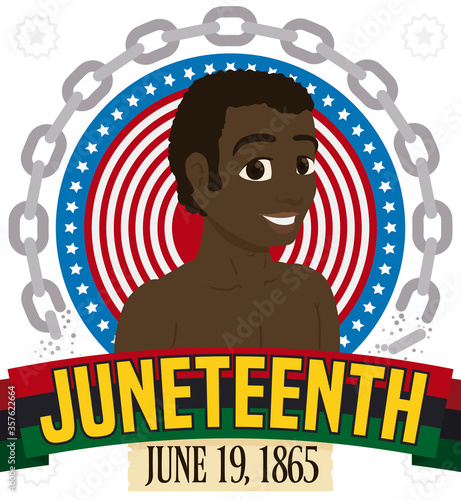 Happy African-American Celebrating Juneteenth over Broken Chains, Ribbon and Scroll, Vector Illustration