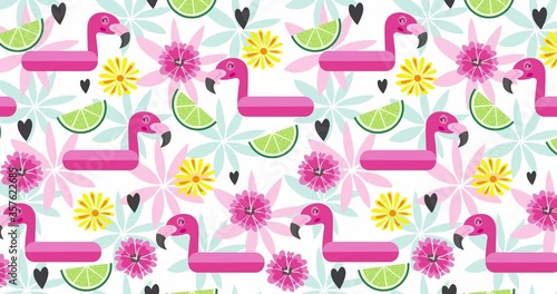 Beautiful seamless vector floral exotic pattern with tropical flowers, pink flamingos. Hawaiian background. Loop animation 4K