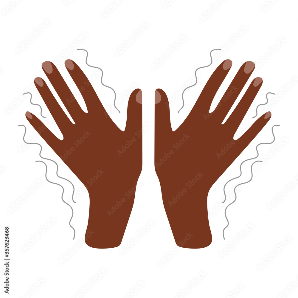 Obraz premium Tremor, trembling. Symptom of disease, sensitivity to cold, anxiety or fear. Muscle twitching. Hand with nails. Flat vector stock illustration isolated on white background.
