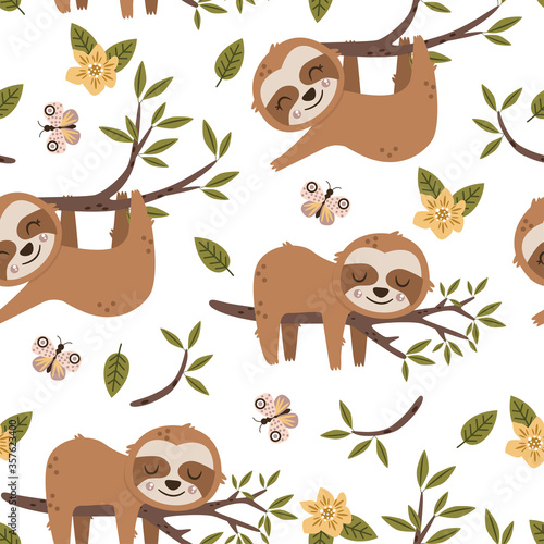 seamless pattern with sloth and butterfly on white background - vector illustration, eps