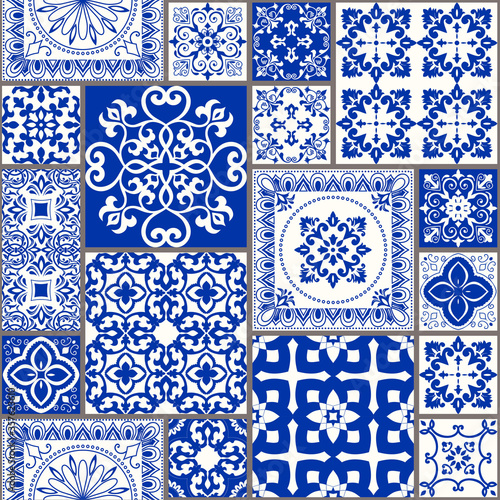 Seamless patchwork tile with Victorian motives. Majolica pottery tile, colored azulejo, original traditional Portuguese and Spain decor. Vector illustration for print wallpaper, fabric, paper, tile