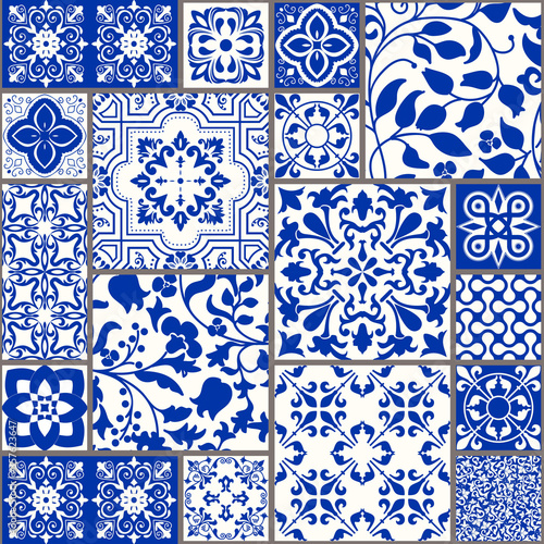 Seamless patchwork tile with Victorian motives. Majolica pottery tile, colored azulejo, original traditional Portuguese and Spain decor. Vector illustration for print wallpaper, fabric, paper, tile photo