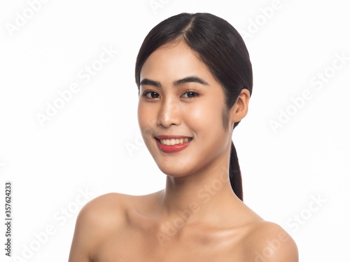 Beautiful Young Asian woman with clean fresh skin. Facial treatment, Cosmetology, Beauty and skin care concept. Girl beauty face isolated on white background.